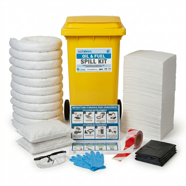 Kit antipollution de 240 litres présenté en poubelle avec roues. Absorbe uniquement les...