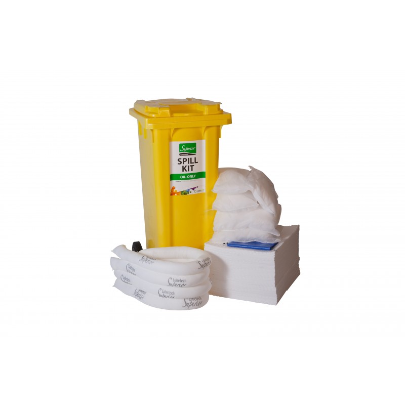 Kit antipollution de 120 litres présenté en poubelle avec roues. Absorbe uniquement les...